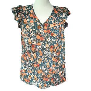 Emery Rose Short Sleeve Top Floral Green Orange White Medium